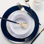 Navy and gold dinnerware set elegant plates and cutlery for celebration from Parte Haus party supply store in Bethesda Maryland