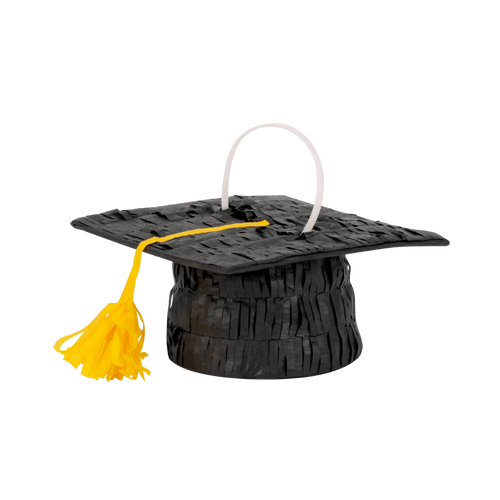 Black graduation cap piñata with yellow tassel for graduation from Parte Haus party supply store in Bethesda MD