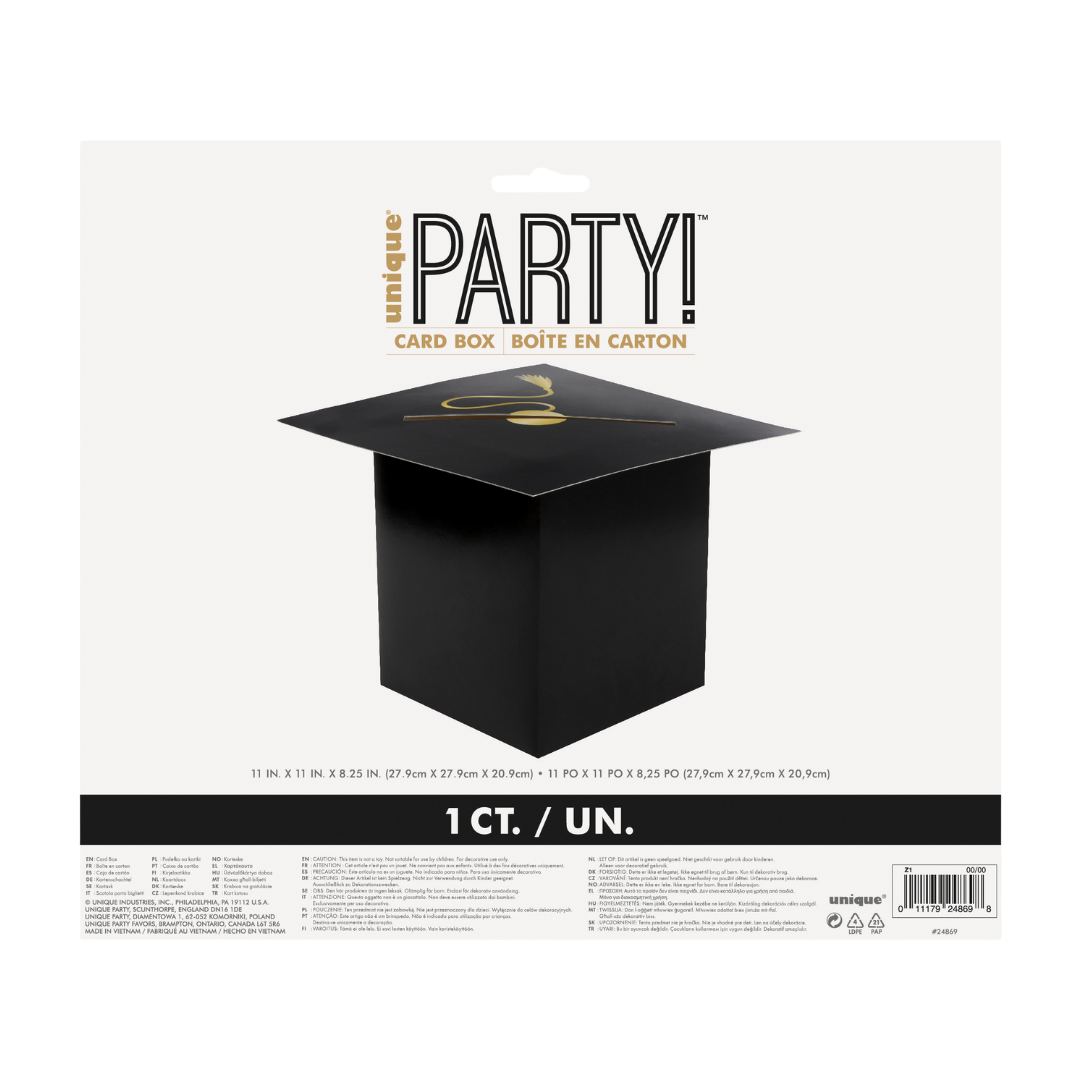 Black graduation card box with gold tassel design for graduation from Parte Haus party supply store in Bethesda Maryland