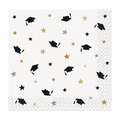 White graduation napkin with black gold and silver stars and caps graduation theme from Parte Haus party supply store in Bethesda MD