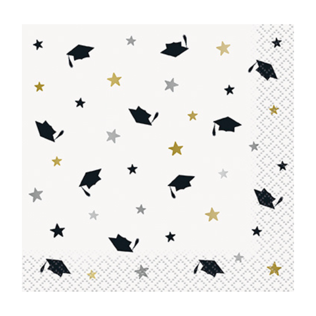White graduation napkin with black gold and silver stars and caps graduation theme from Parte Haus party supply store in Bethesda MD