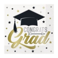 Black and gold graduation paper napkin with cap and Congrats Grad text celebration from Parte Haus party supply store in Bethesda Maryland