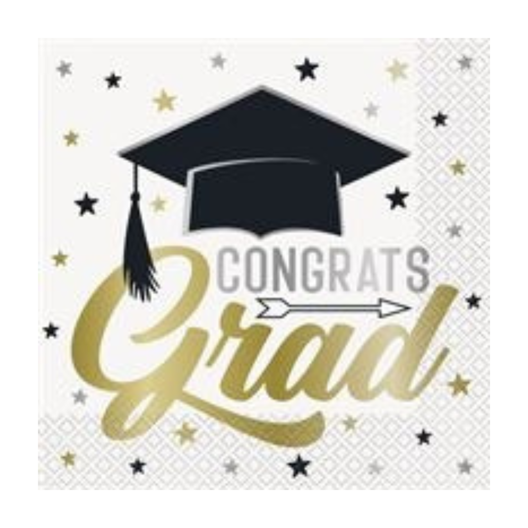 Black and gold graduation paper napkin with cap and Congrats Grad text celebration from Parte Haus party supply store in Bethesda Maryland