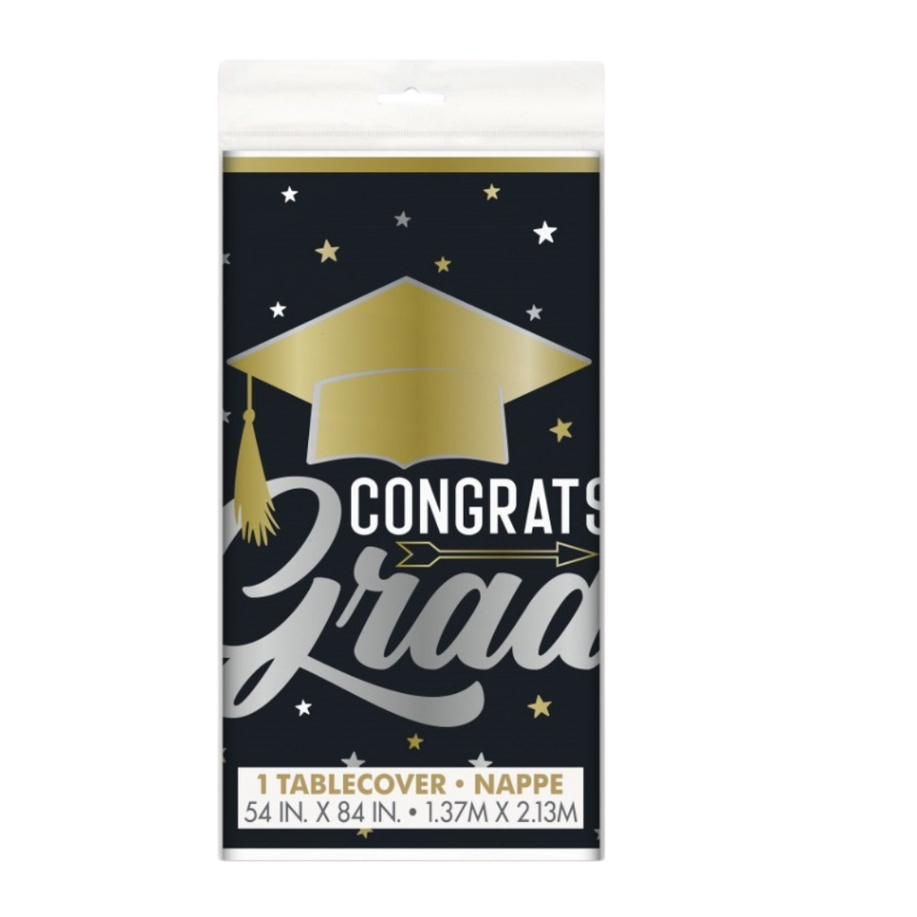 Black and gold graduation table cover with stars and congrats grad design from Parte Haus party supply store in Bethesda MD