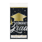 Black and gold graduation table cover with stars and congrats grad design from Parte Haus party supply store in Bethesda MD
