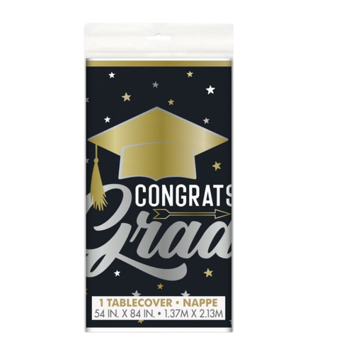 Black and gold graduation table cover with stars and congrats grad design from Parte Haus party supply store in Bethesda MD