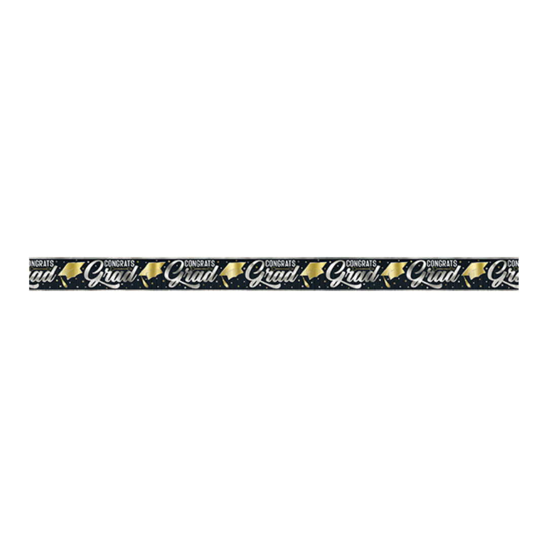 Black and gold graduation banner with Congrats Grad and caps graduation theme from Parte Haus party supply store in Bethesda MD.