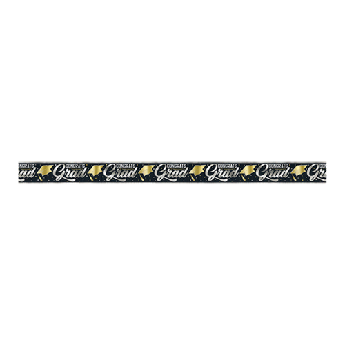 Black and gold graduation banner with Congrats Grad and caps graduation theme from Parte Haus party supply store in Bethesda MD.