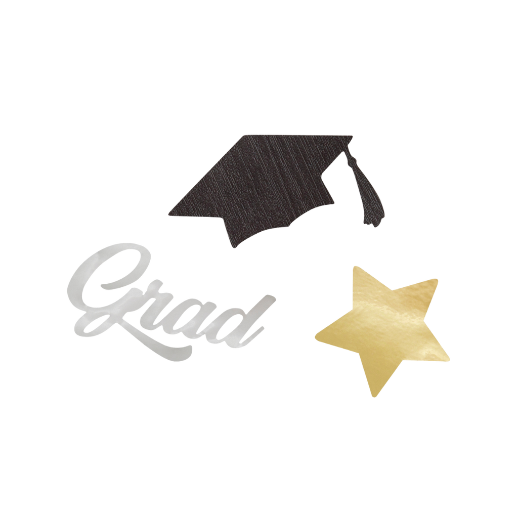 Black and gold graduation confetti with cap star Grad text from Parte Haus party supply store in Bethesda MD