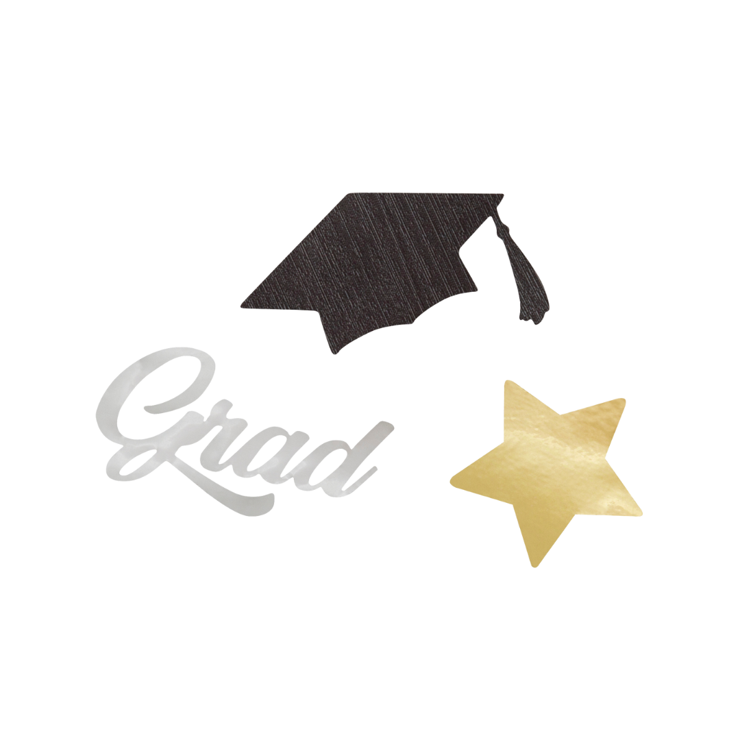 Black and gold graduation confetti with cap star Grad text from Parte Haus party supply store in Bethesda MD
