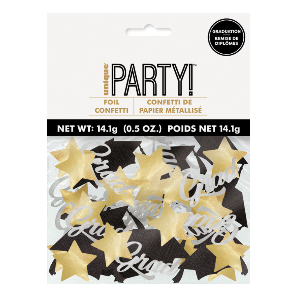 Gold and black foil confetti with stars graduation theme from Parte Haus party supply store in Bethesda MD