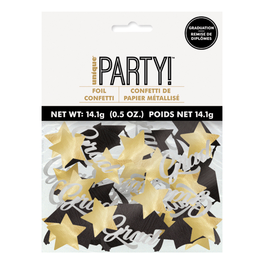 Gold and black foil confetti with stars graduation theme from Parte Haus party supply store in Bethesda MD