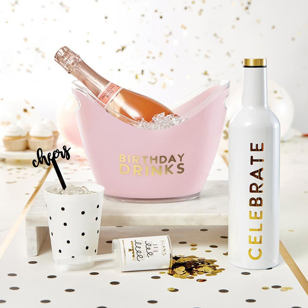 Pink birthday drinks ice bucket white and gold bottle and confetti theme from Parte Haus party supply store in Bethesda MD