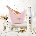 Pink birthday drinks ice bucket white and gold bottle and confetti theme from Parte Haus party supply store in Bethesda MD