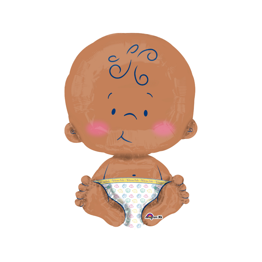 Brown baby-shaped balloon with blue details for baby shower from Parte Haus party supply store in Bethesda MD