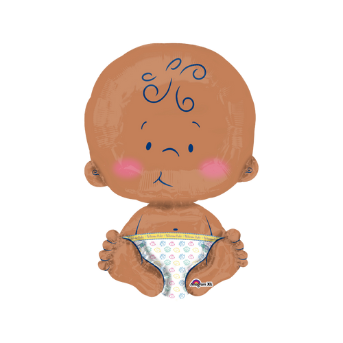 Brown baby-shaped balloon with blue details for baby shower from Parte Haus party supply store in Bethesda MD