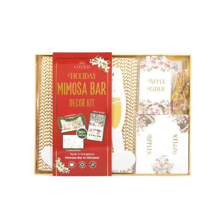 red and gold holiday mimosa bar decor kit with floral cards for Christmas or New Year from Parte Haus party supply store in Bethesda MD