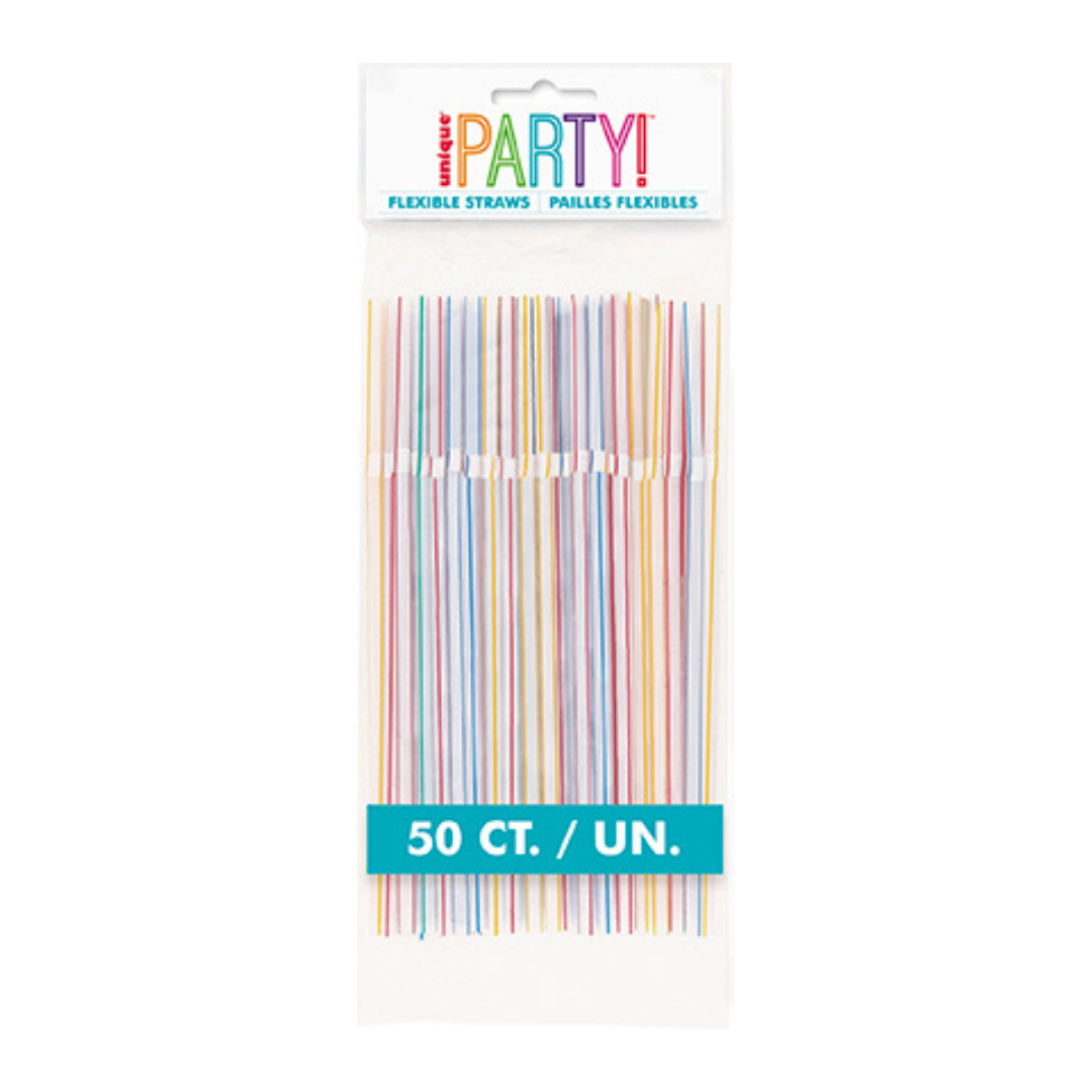 Assorted Colors Striped Flex Plastic Straws - 50 pk