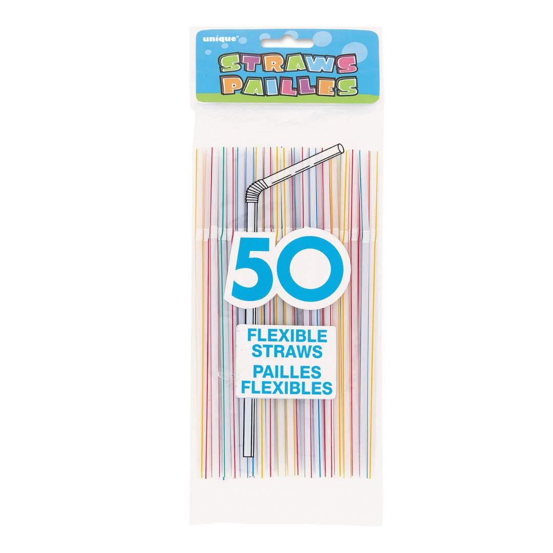 Assorted Colors Striped Flex Plastic Straws - 50 pk