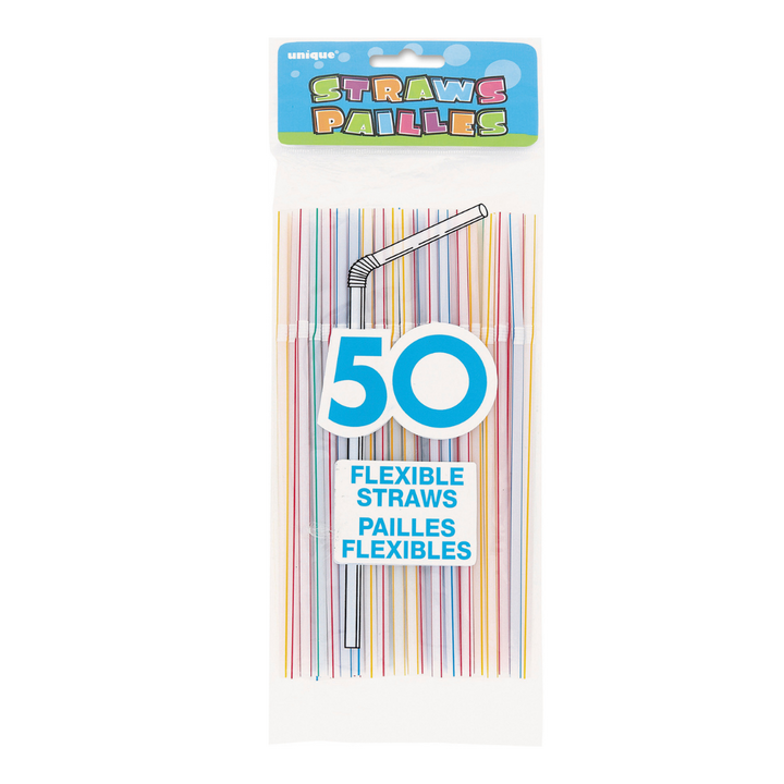 Assorted Colors Striped Flex Plastic Straws - 50 pk