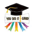 Black and white graduation balloon with diploma and rainbow streamers for graduation from Parte Haus party supply store in Bethesda MD