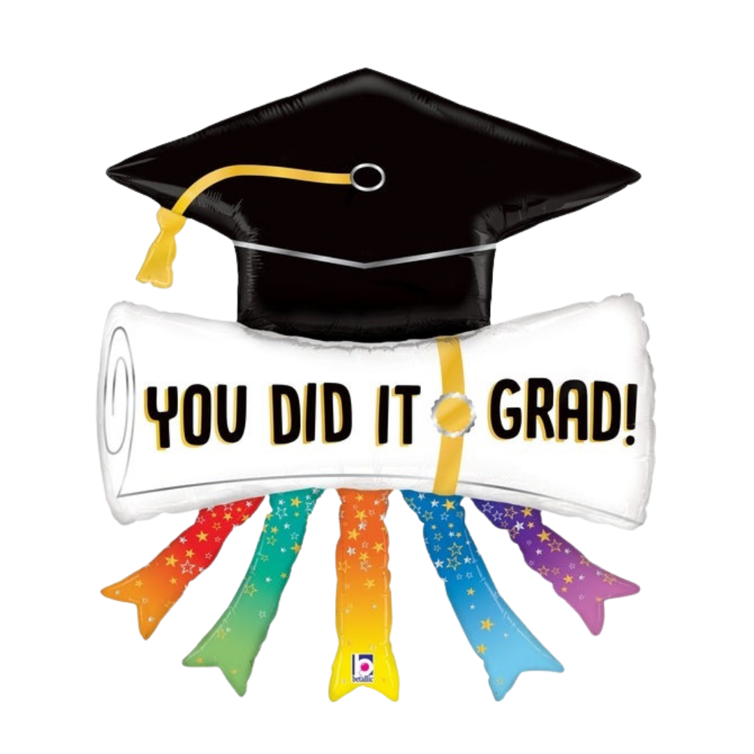 Black and white graduation balloon with diploma and rainbow streamers for graduation from Parte Haus party supply store in Bethesda MD