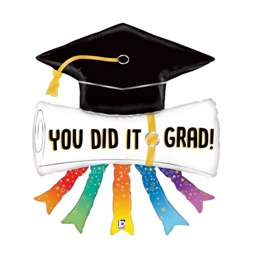 Black and white graduation balloon with diploma and rainbow streamers for graduation from Parte Haus party supply store in Bethesda MD