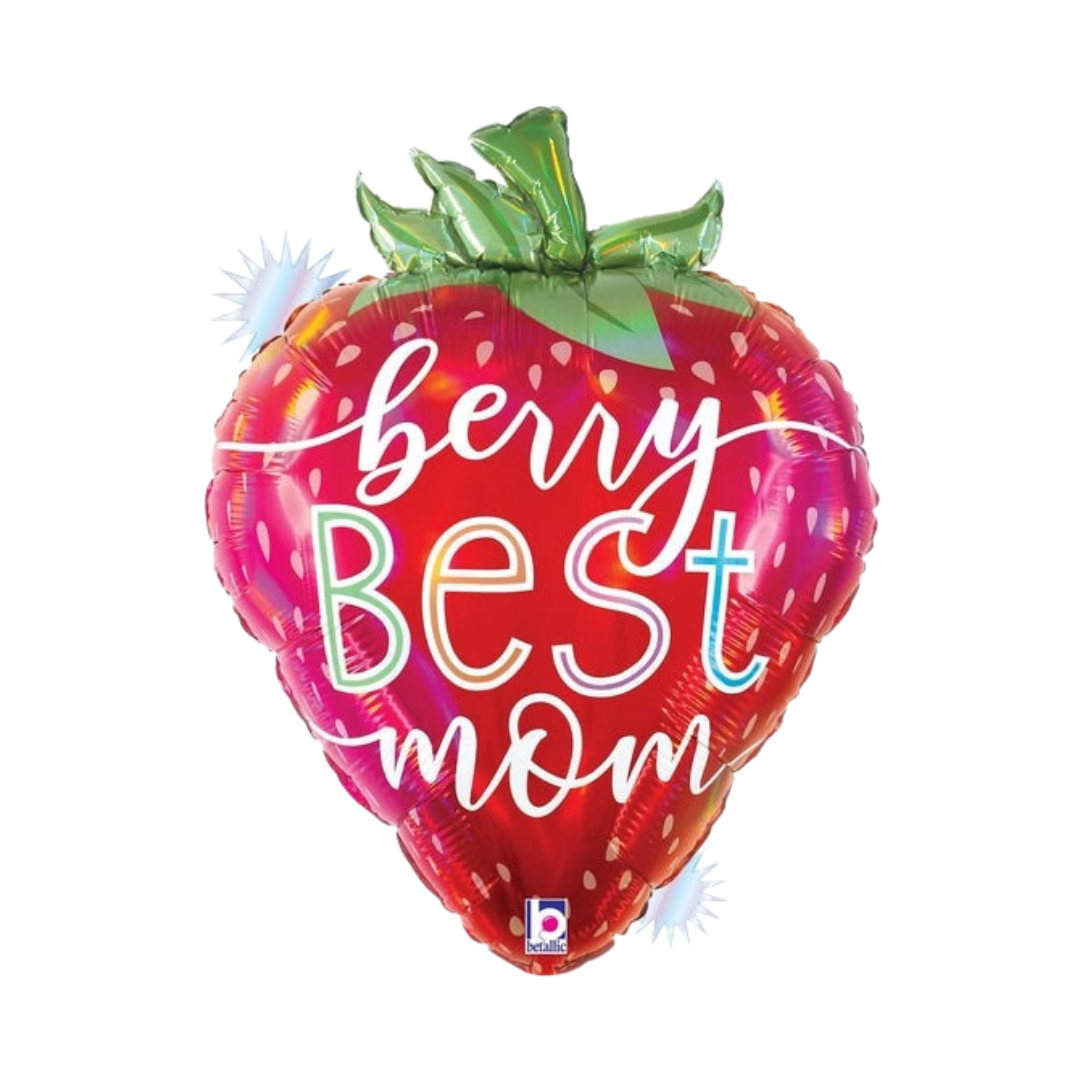 Red strawberry balloon with berry best mom text for Mother's Day from Parte Haus party supply store in Bethesda Maryland