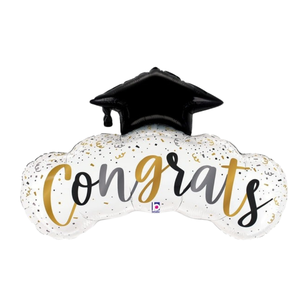 Black and gold graduation congrats balloon with confetti design from Parte Haus party supply store in Bethesda MD