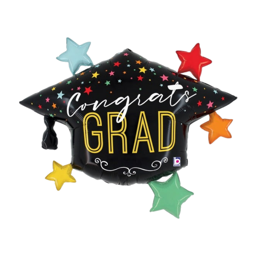Black graduation cap balloon with colorful stars graduation from Parte Haus party supply store in Bethesda MD.