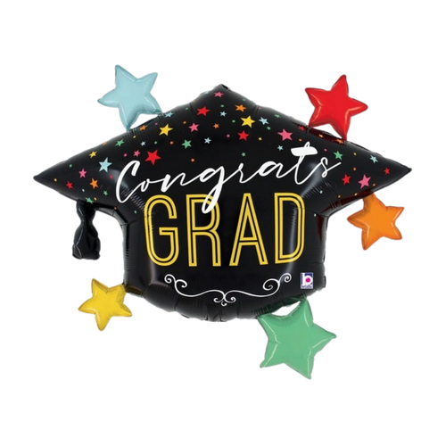 Black graduation cap balloon with colorful stars graduation from Parte Haus party supply store in Bethesda MD.