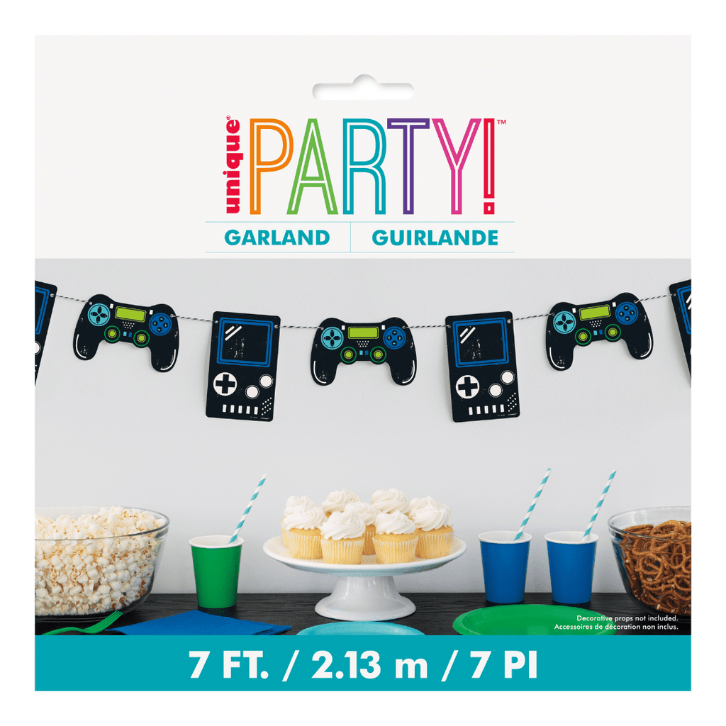 Black and blue video game controller and handheld garland banner gamer birthday from Parte Haus party supply store in Bethesda MD