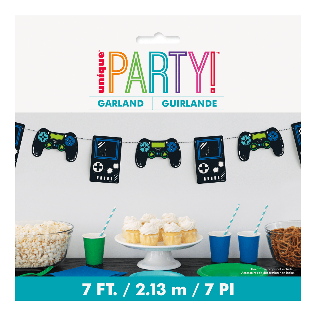 Black and blue video game controller and handheld garland banner gamer birthday from Parte Haus party supply store in Bethesda MD