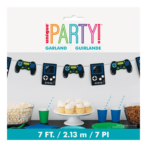 Black and blue video game controller and handheld garland banner gamer birthday from Parte Haus party supply store in Bethesda MD