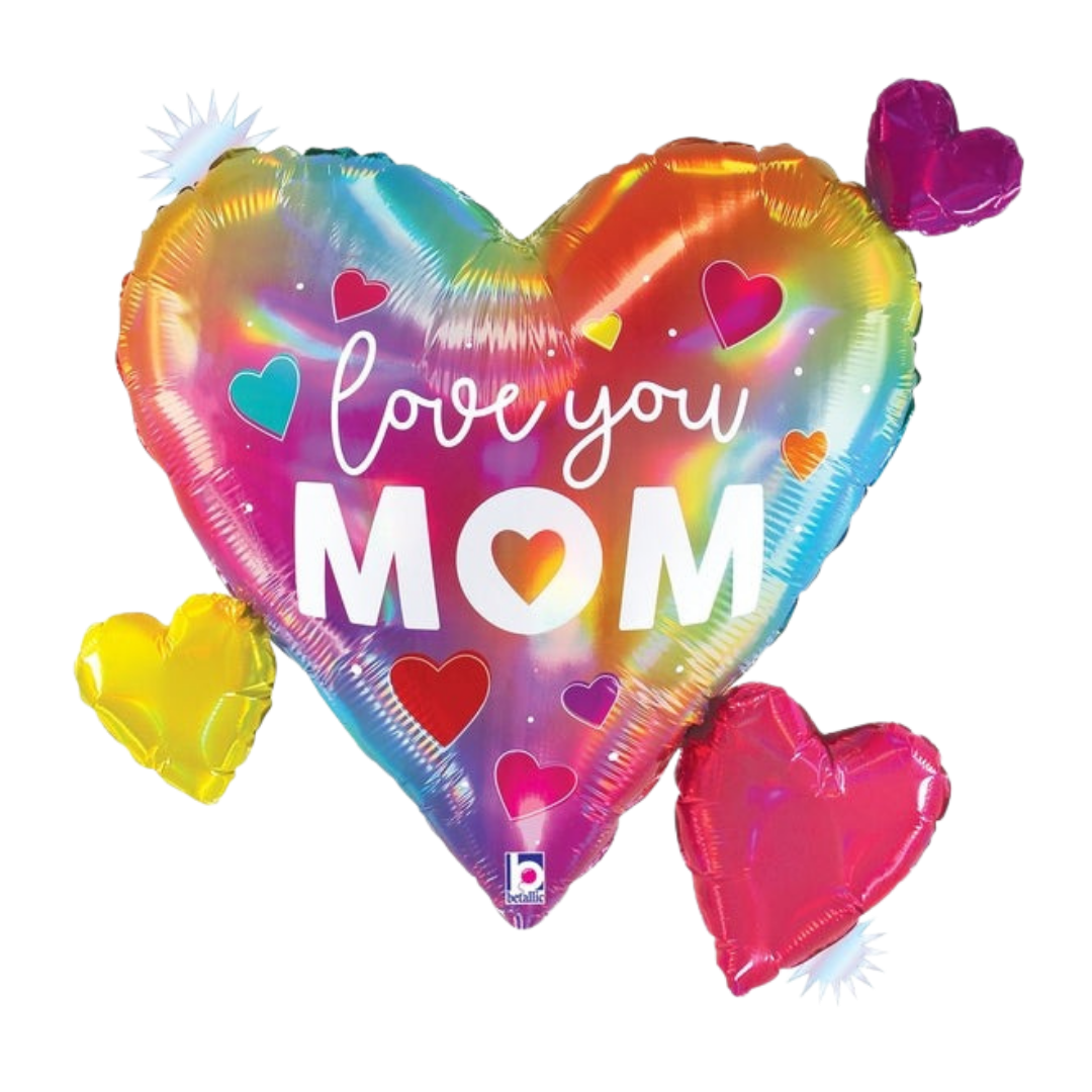 Rainbow heart balloon with love you mom text and colorful hearts for Mother's Day from Parte Haus party supply store in Bethesda MD.