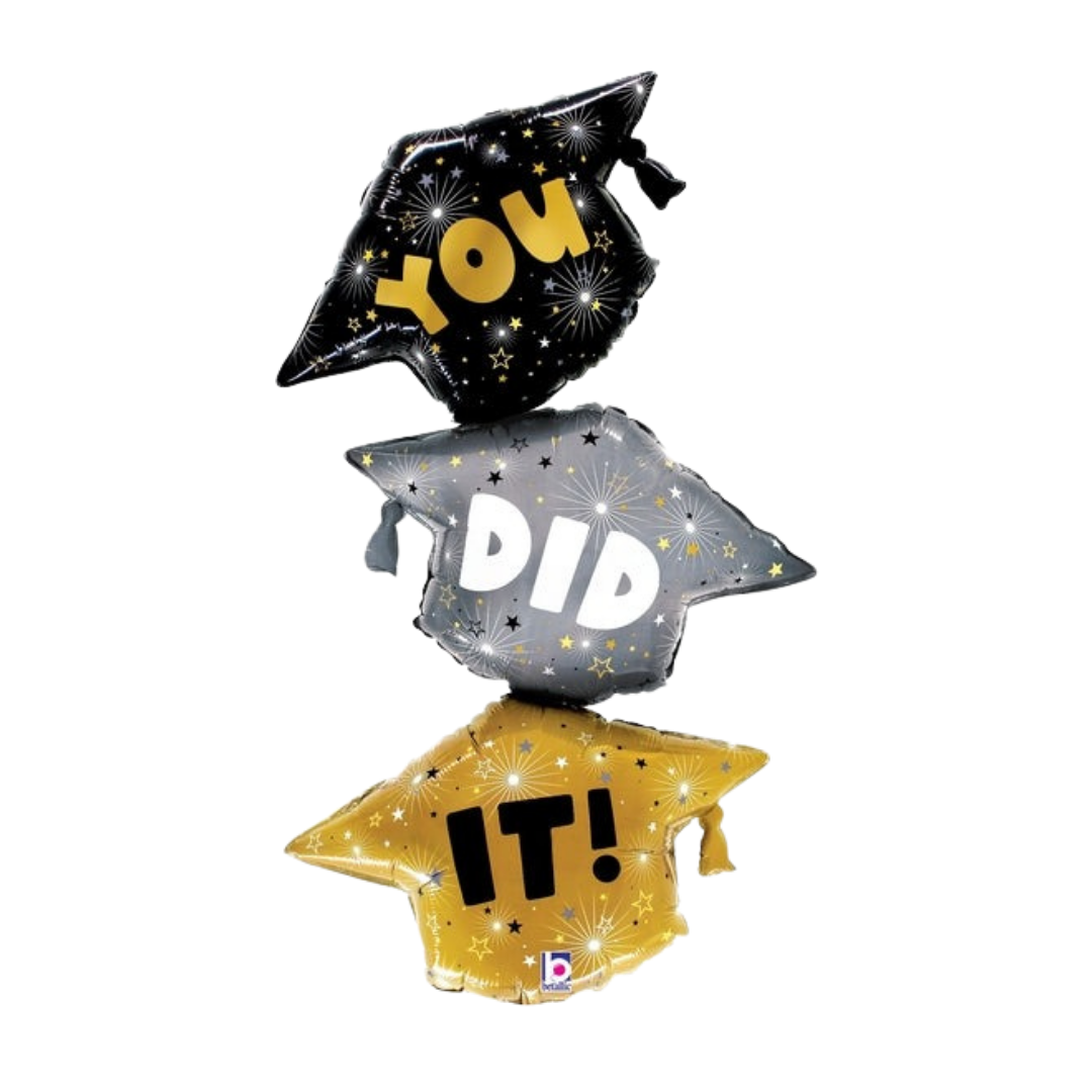 Black gold and silver graduation cap foil balloon with you did it text from Parte Haus party supply store in Bethesda MD