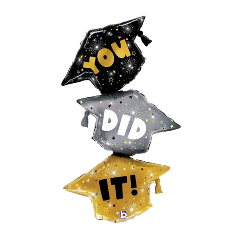 Black gold and silver graduation cap foil balloon with you did it text from Parte Haus party supply store in Bethesda MD