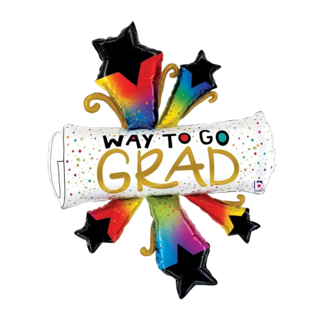 Rainbow graduation balloon with stars and diploma shape for graduation from Parte Haus party supply store in Bethesda Maryland