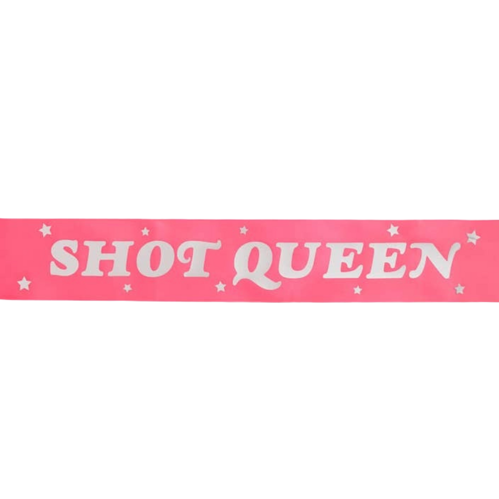 Pink shot queen sash with white lettering and stars bachelorette party from Parte Haus party supply store in Bethesda Maryland