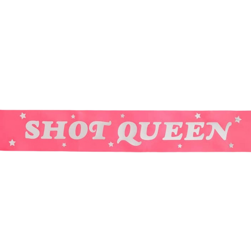 Pink shot queen sash with white lettering and stars bachelorette party from Parte Haus party supply store in Bethesda Maryland