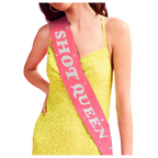 Pink Shot Queen sash with white letters bachelorette accessory from Parte Haus party supply store in Bethesda MD