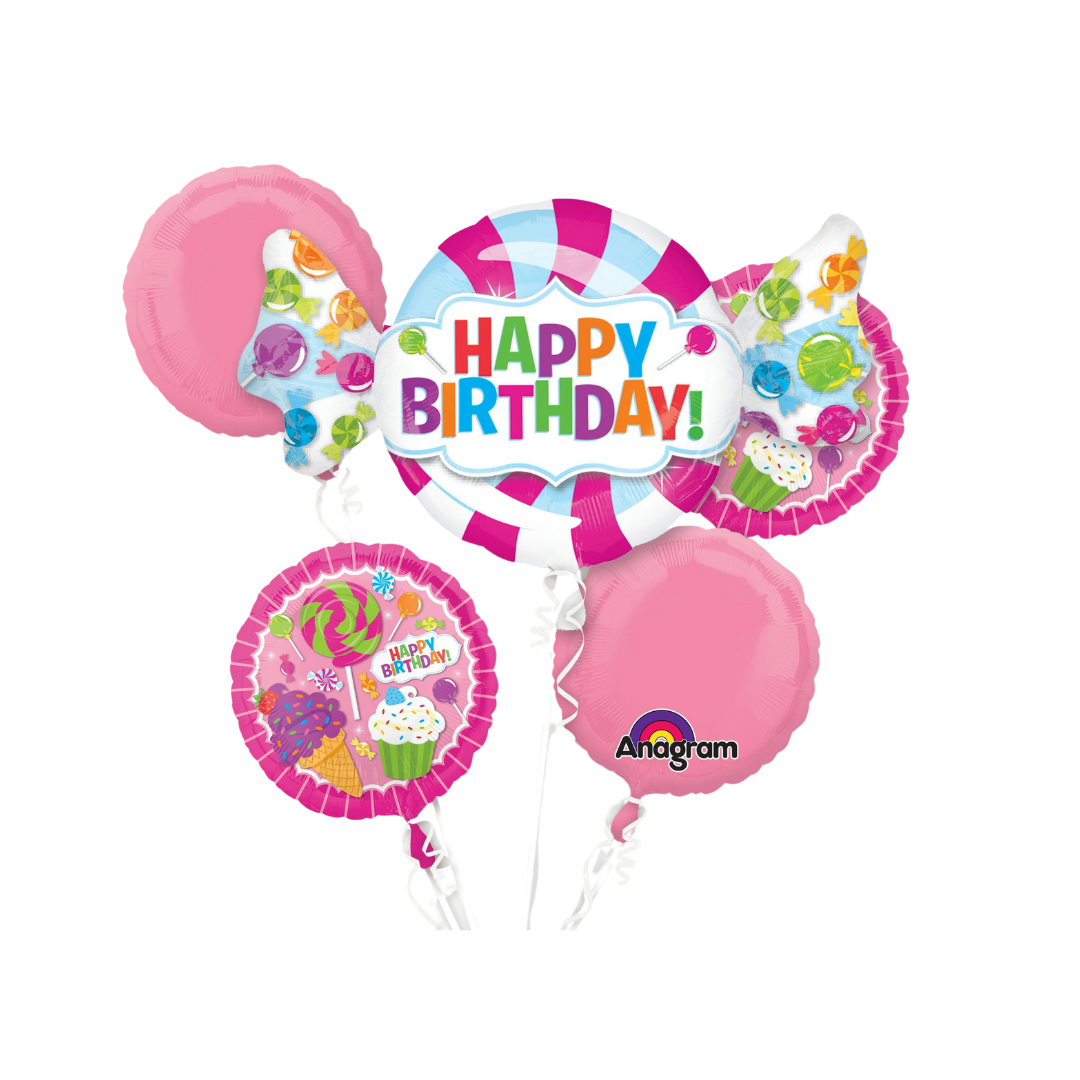 Pink and multicolor birthday balloon bouquet with candy and cupcake designs for birthday from Parte Haus party supply store in Bethesda MD