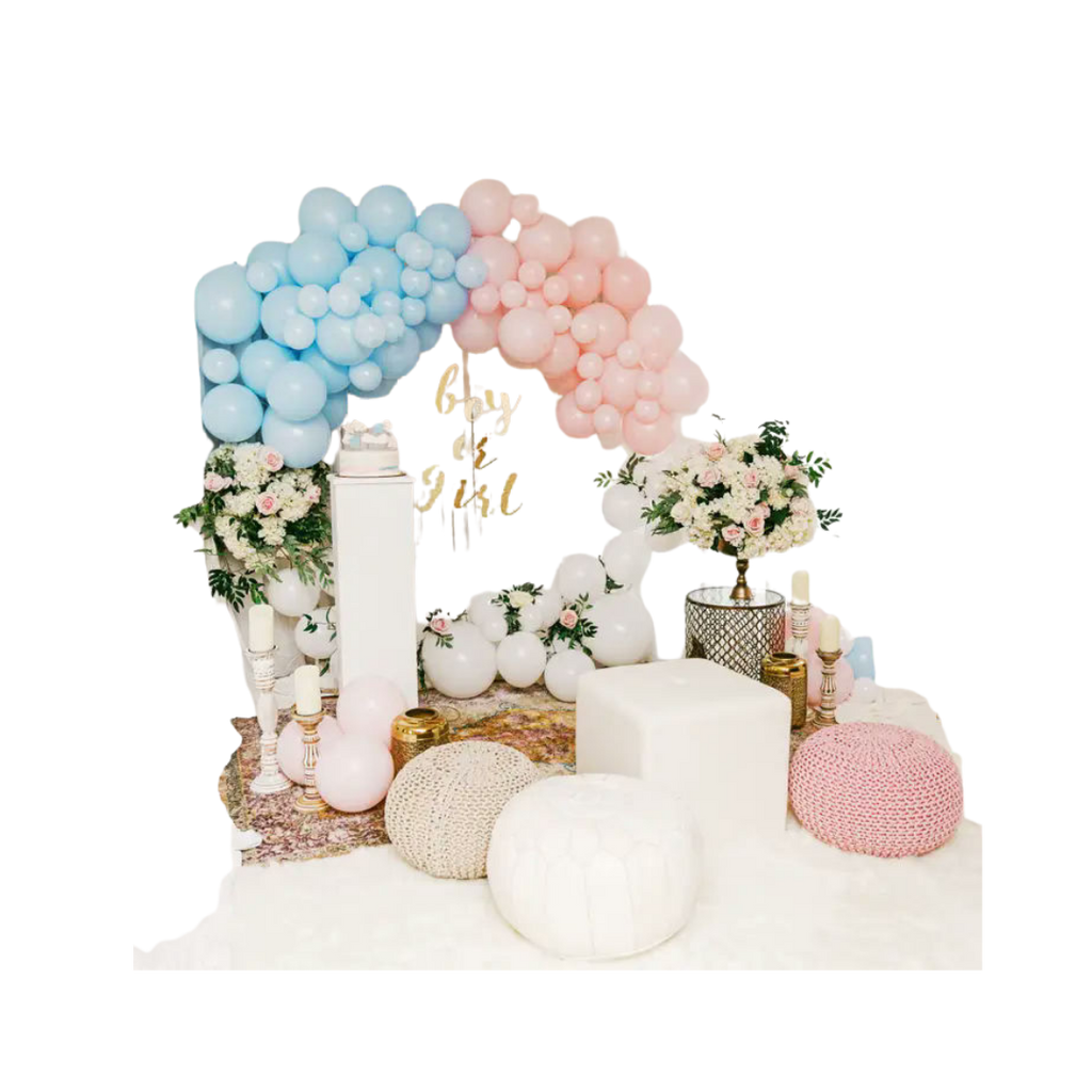 Pastel blue and pink balloon arch baby shower backdrop with flowers from Parte Haus party supply store in Bethesda, MD
