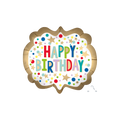 Gold satin marquee dots foil balloon with colorful Happy Birthday text birthday theme from Parte Haus party supply store in Bethesda MD