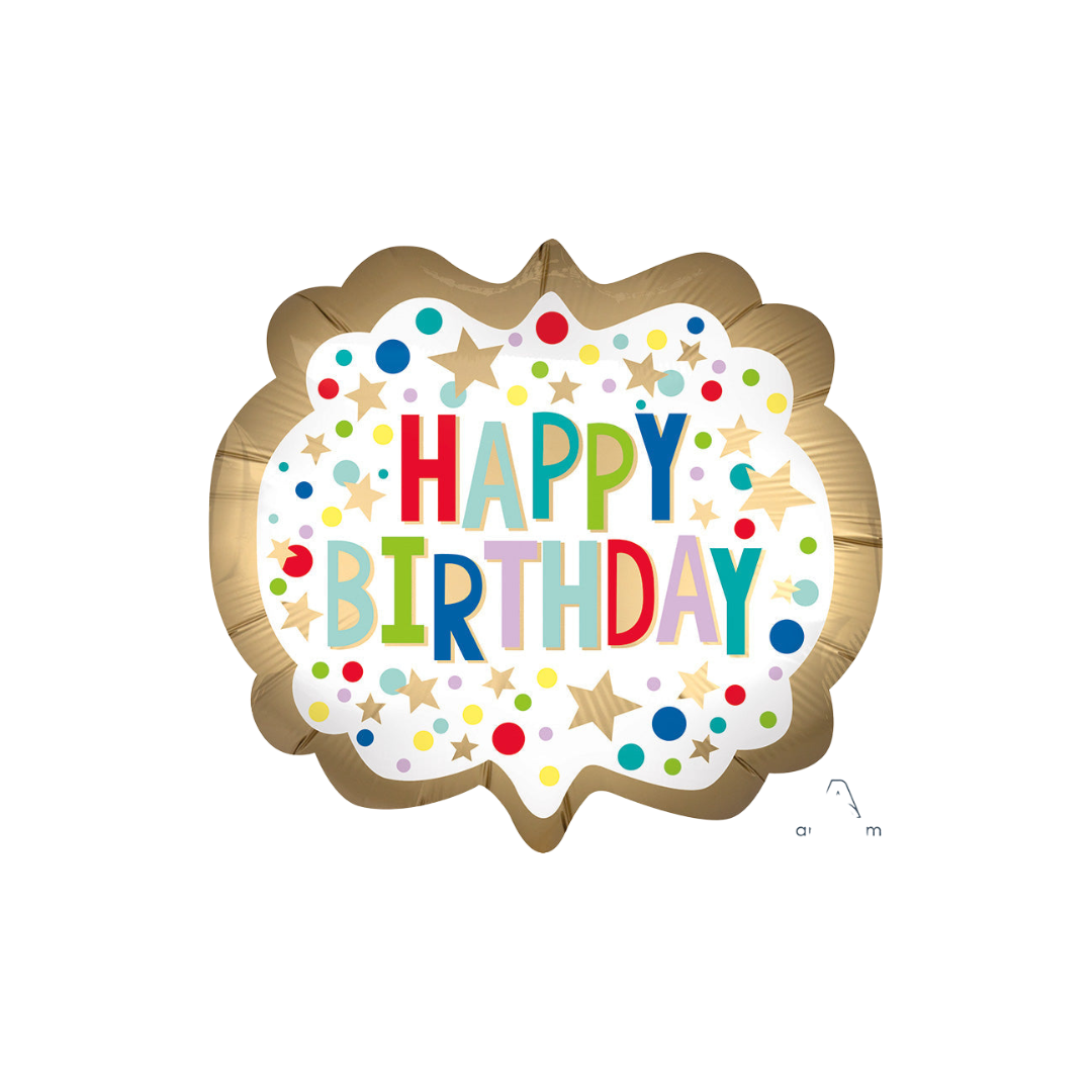 Gold satin marquee dots foil balloon with colorful Happy Birthday text birthday theme from Parte Haus party supply store in Bethesda MD