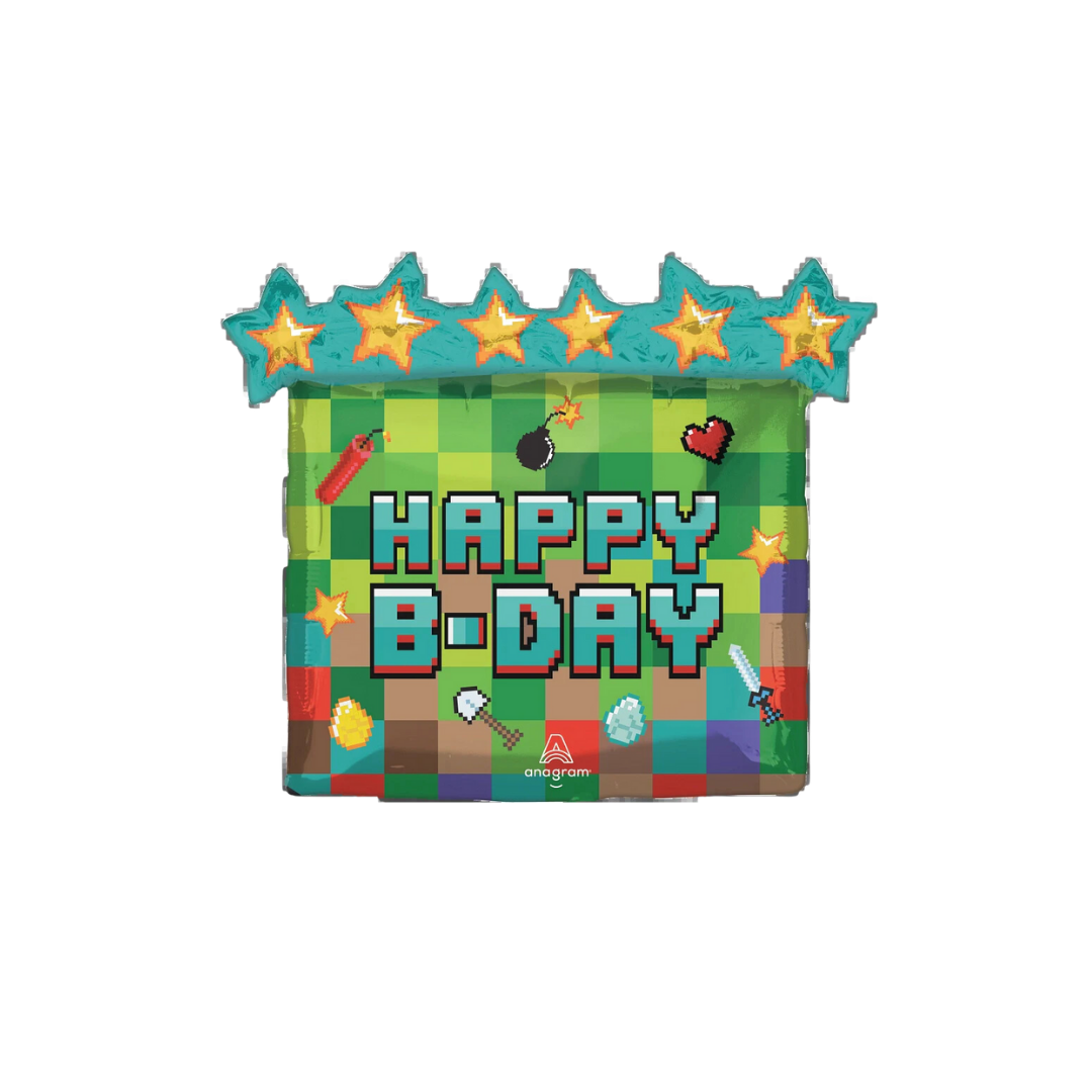 green pixelated jumbo birthday balloon with stars and gaming icons birthday theme from Parte Haus party supply store in Bethesda Maryland
