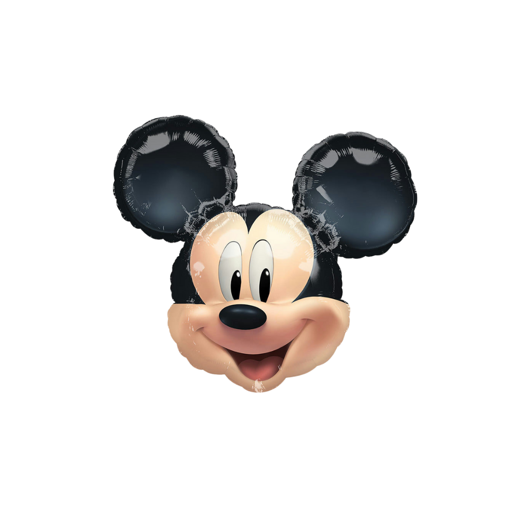 Black and beige Mickey Mouse foil balloon with smiling face for birthday theme from Parte Haus party supply store in Bethesda Maryland