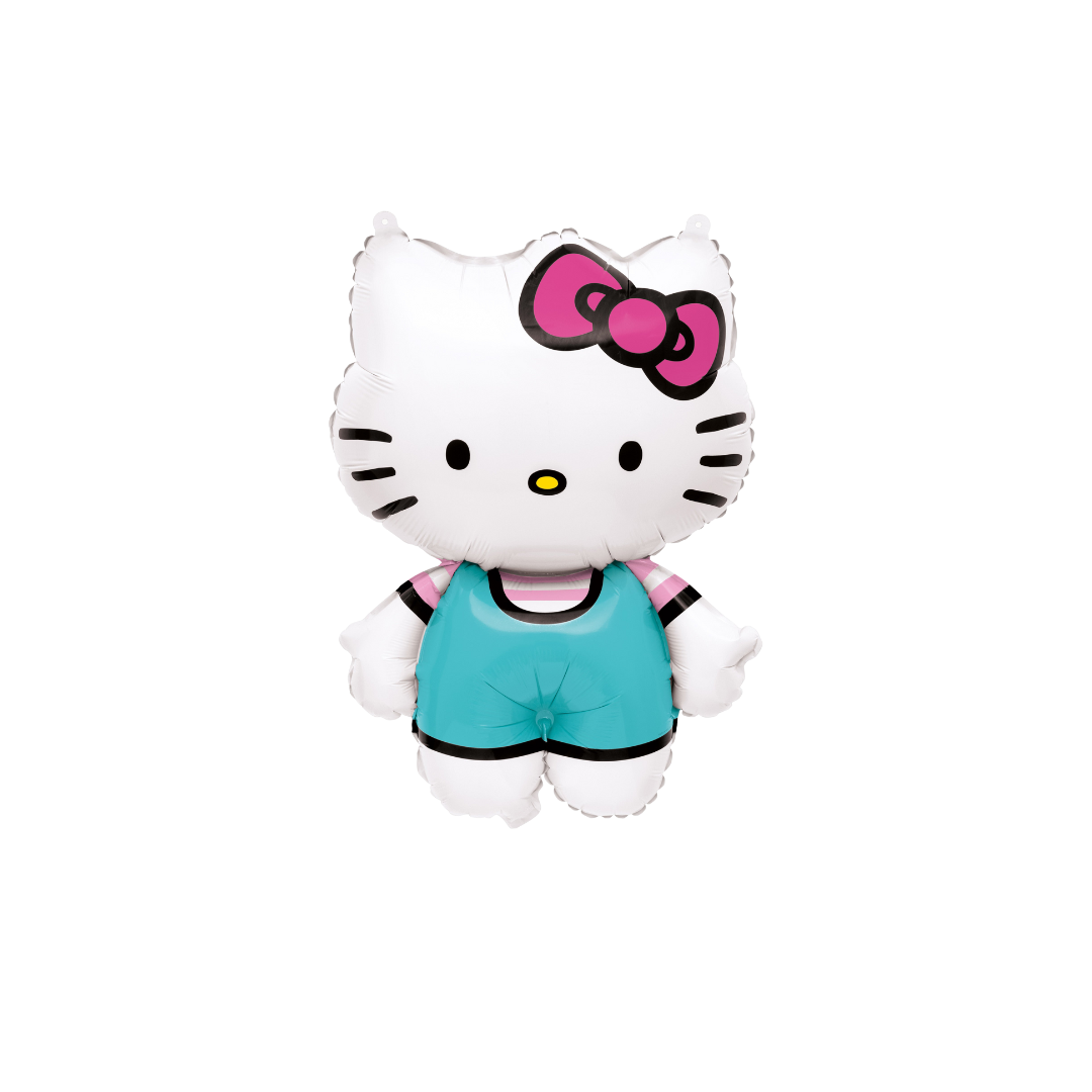 White Hello Kitty foil balloon with pink bow and teal outfit for birthday from Parte Haus party supply store in Bethesda MD