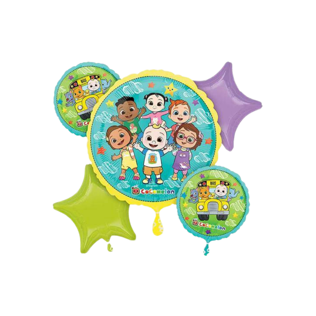 Colorful Cocomelon balloon set with cartoon characters for kids birthday from Parte Haus party supply store in Bethesda MD.
