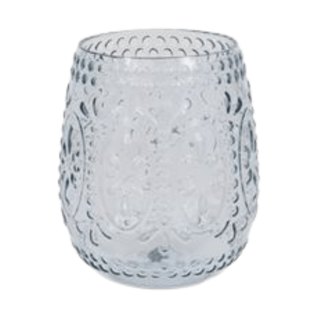 Clear glass vintage textured tumbler for elegant celebration from Parte Haus party supply store in Bethesda Maryland